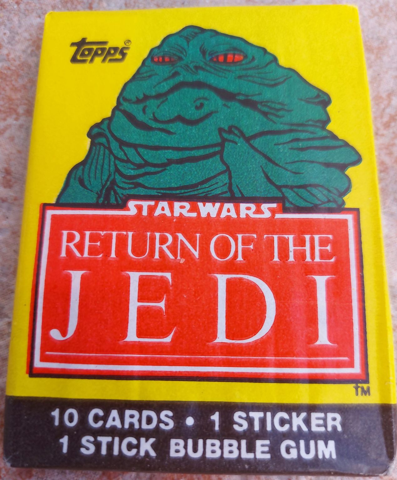 Star Wars Return of the Jedi 1st series genuine sealed unopened wax pack cards with gum from Topps, 1983. Jabba the Hutt